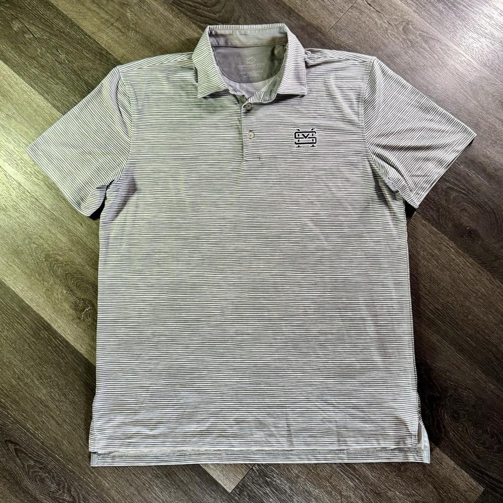 Southern Tide Polo Shirt Mens L Blue Striped Performance Golf Short Sleeve